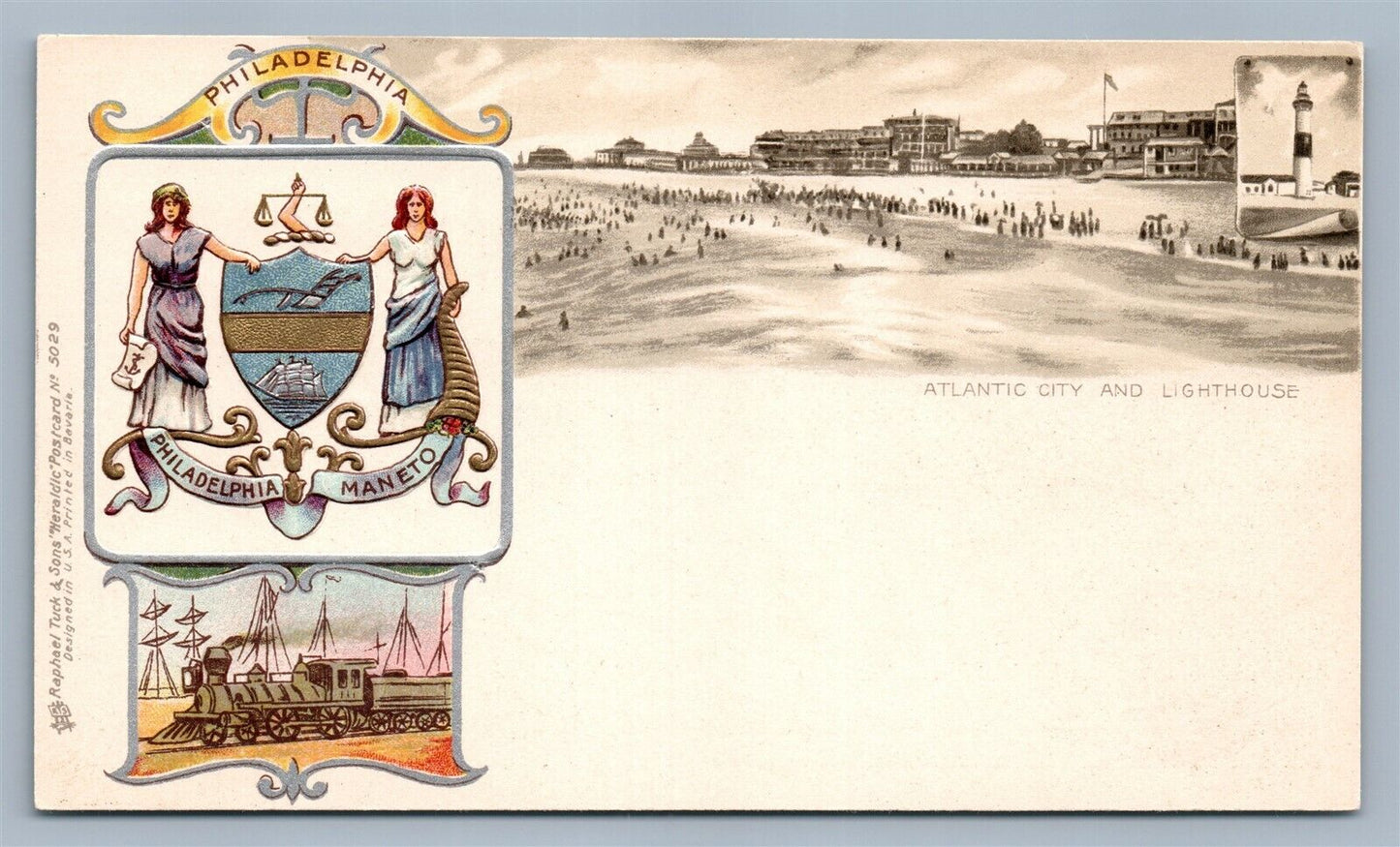 PHILADELPHIA PA ATLANTIC CITY HERALDIC ANTIQUE POSTCARD R.TUCK PRIVATE MAILING