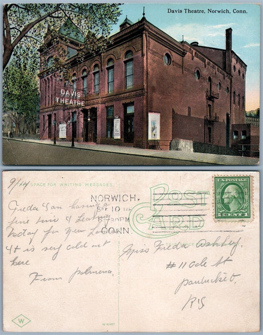 NORWICH CT DAVIS THEATRE 1914 ANTIQUE POSTCARD