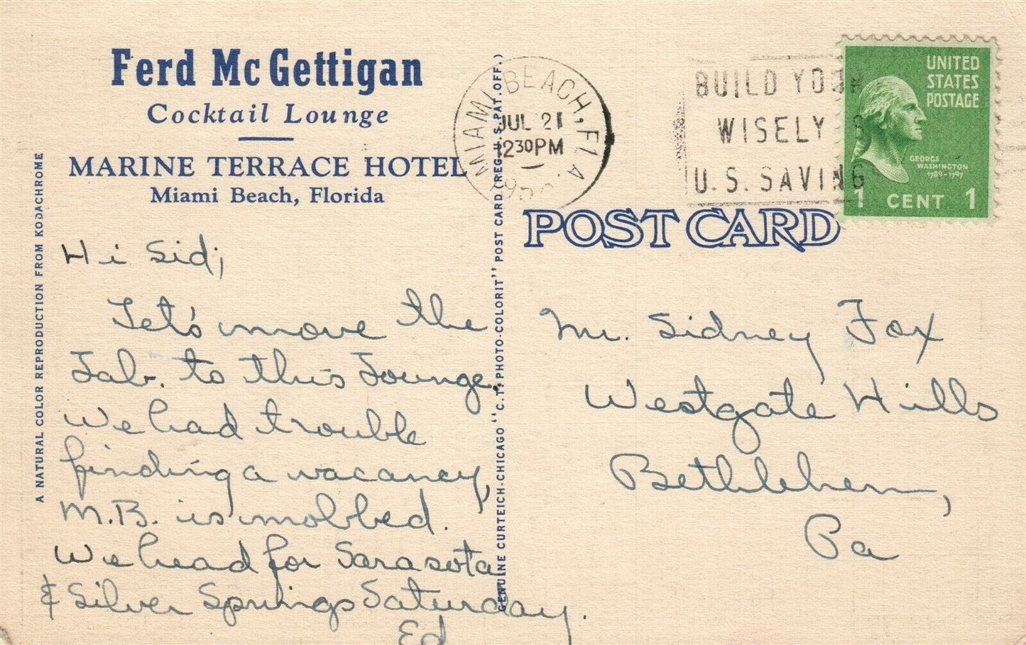 MIAMI BEACH FL MARINE TERRACE HOTEL FERD McGETTIGAN LOUNGE VINTAGE POSTCARD