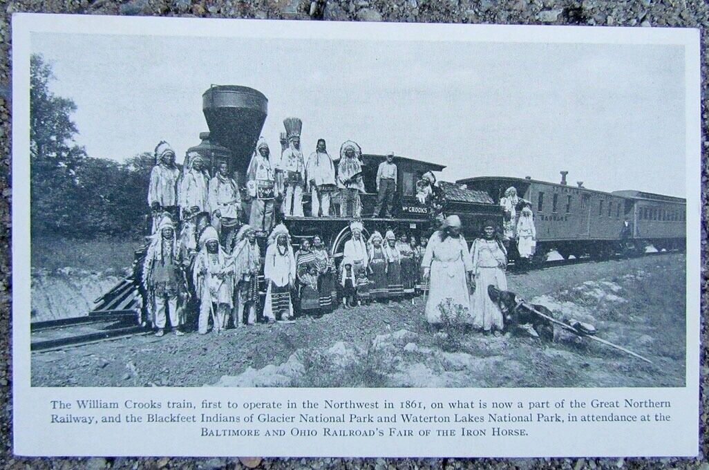 VINTAGE POSTCARD BALTIMORE & OHIO RAILROAD'S WM. CROOKS TRAIN GLACIER INDIANS