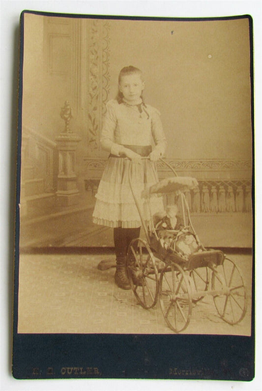 GIRL w/ DOLL IN STROLLER ANTIQUE VICTORIAN CABINET PHOTO