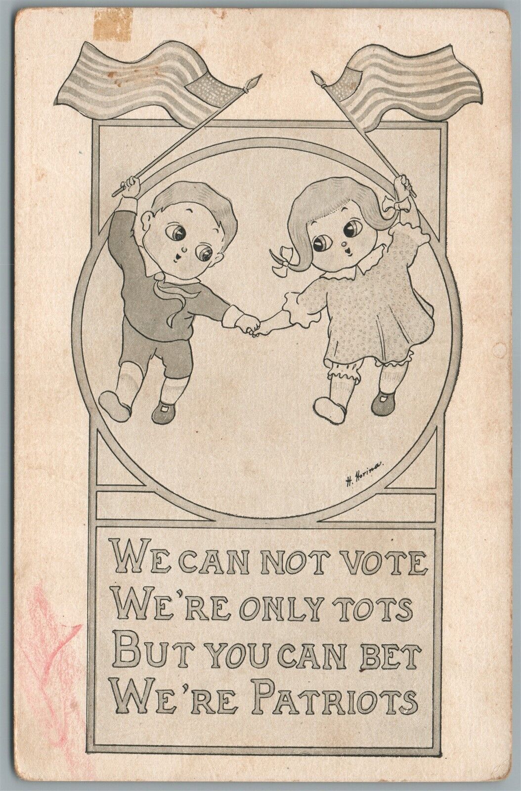 KIDS PATRIOTS w/ AMERICAN FLAGS ANTIQUE POSTCARD