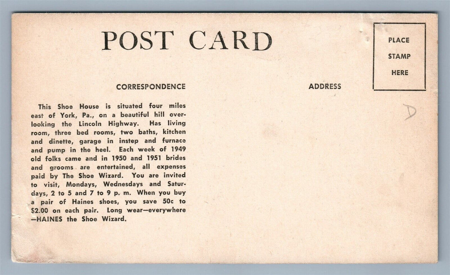 YORK PA HAINES THE SHOE WIZARD ADVERTISING ANTIQUE POSTCARD