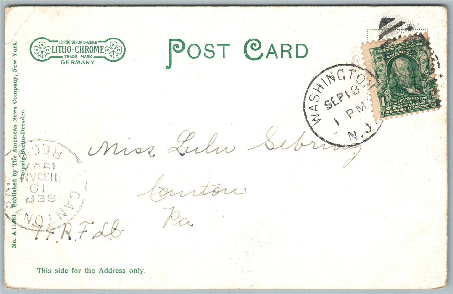WASHINGTON NJ BELVIDERE AVENUE 1907 UNDIVIDED ANTIQUE POSTCARD w/ CORK CANCEL