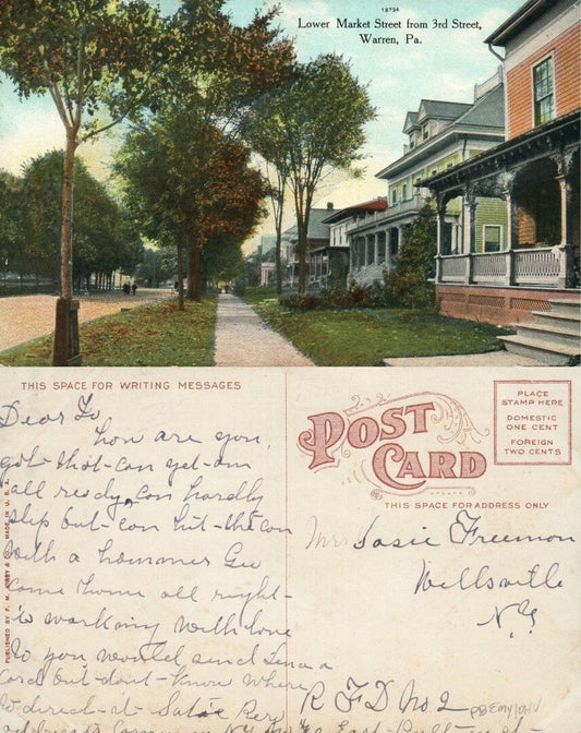 WARREN PA LOWER MARKET STREET FROM 3rd Str. ANTIQUE POSTCARD