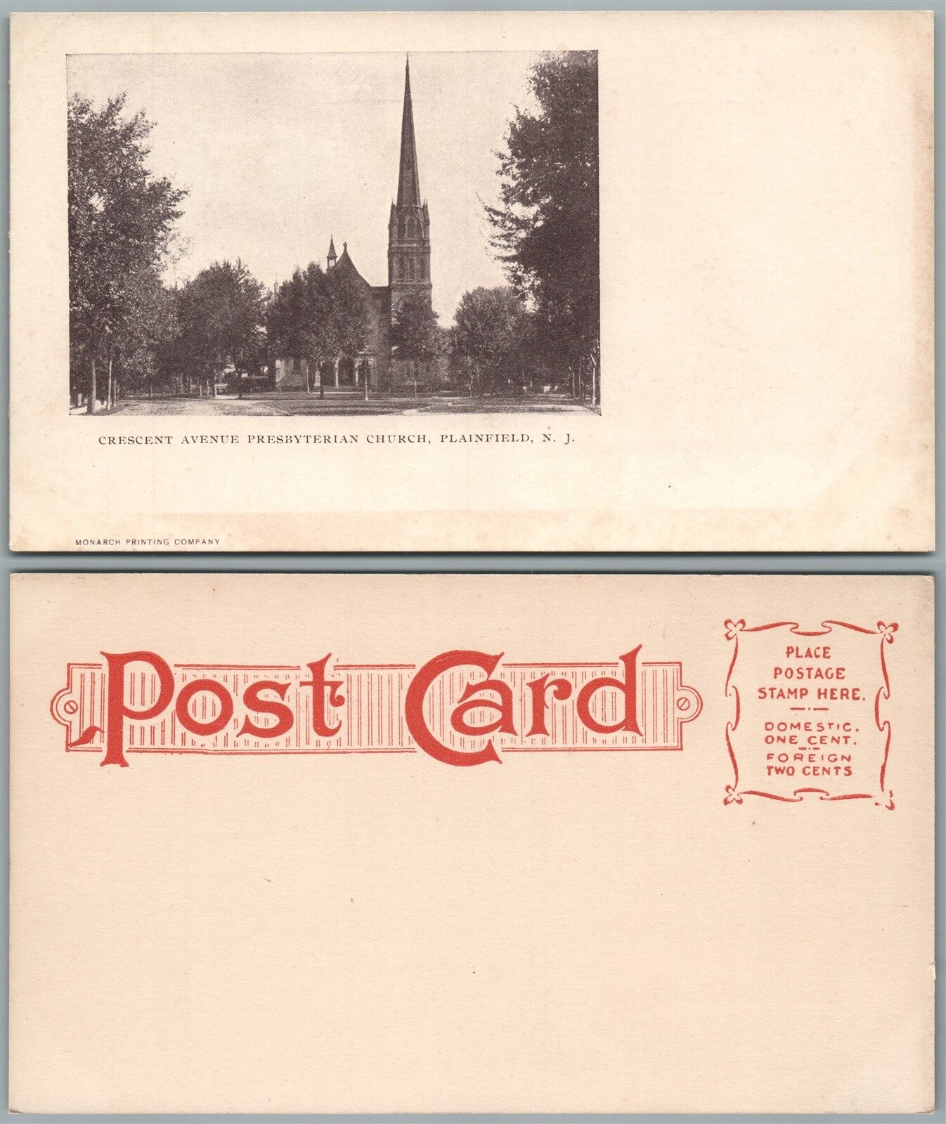 PLAINFIELD N.J. CRESCENT AVENUE PRESBYTERIAN CHURCH UNDIVIDED ANTIQUE POSTCARD