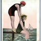 BATHERS on THE BEACH ANTIQUE POSTCARD HAVING A JOLLY TIME