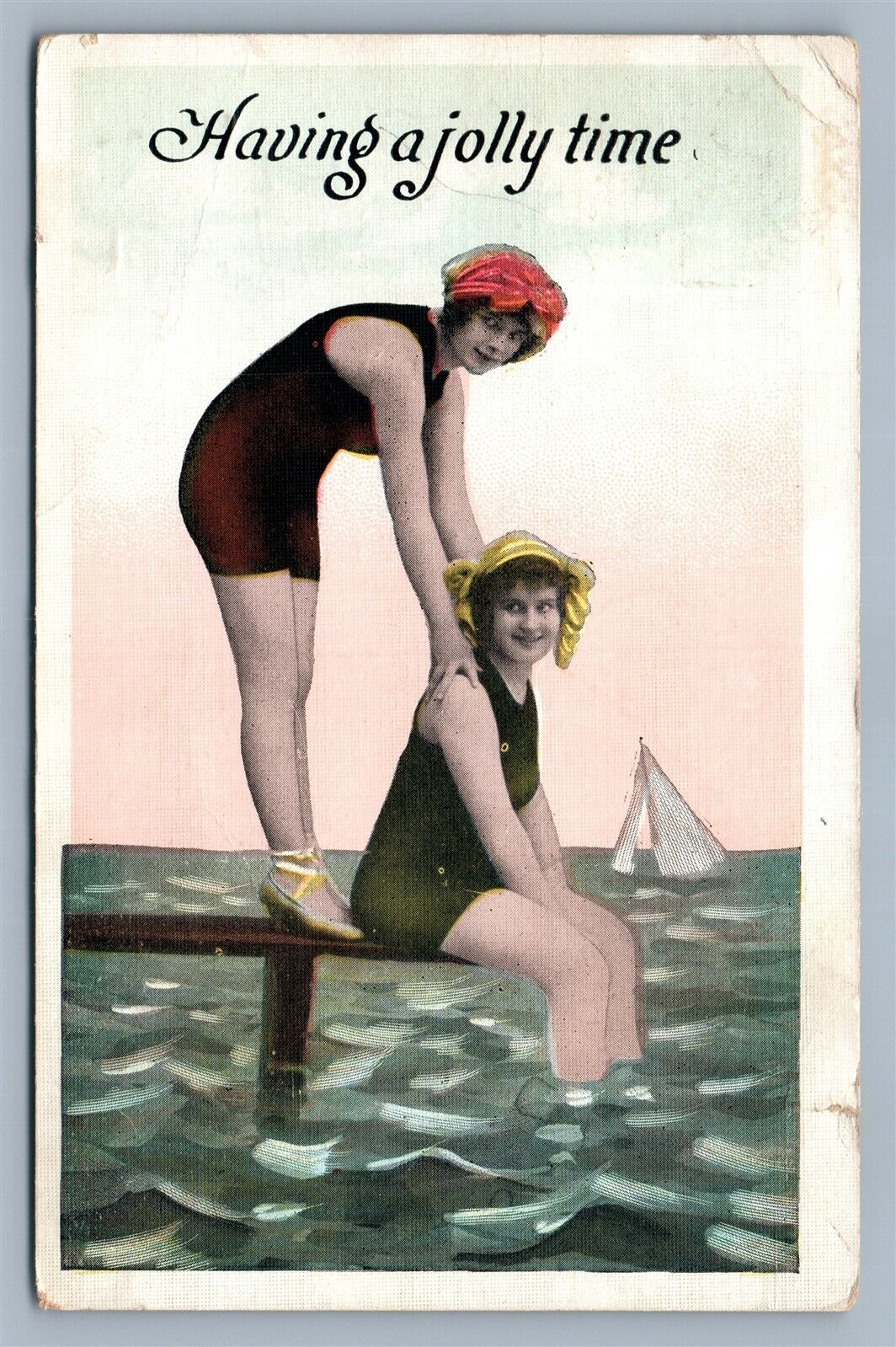 BATHERS on THE BEACH ANTIQUE POSTCARD HAVING A JOLLY TIME