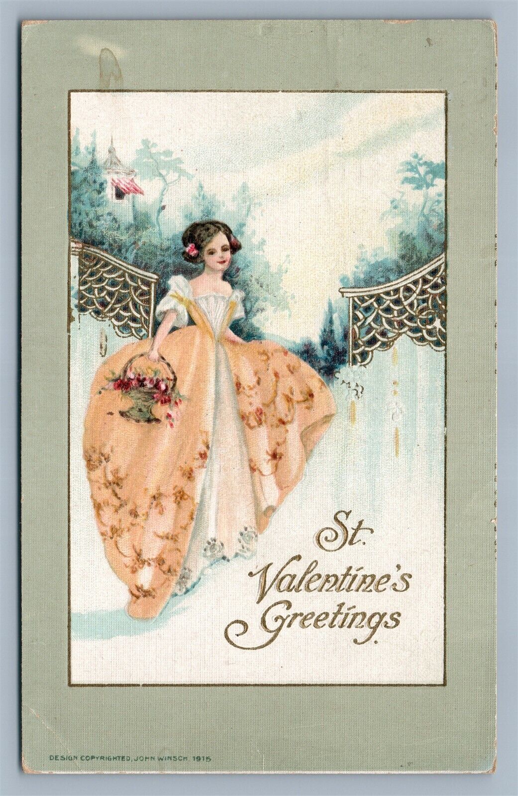 ST. VALENTINE'S GREETINGS 1915 EMBOSSED ANTIQUE POSTCARD by JOHN WINSCH