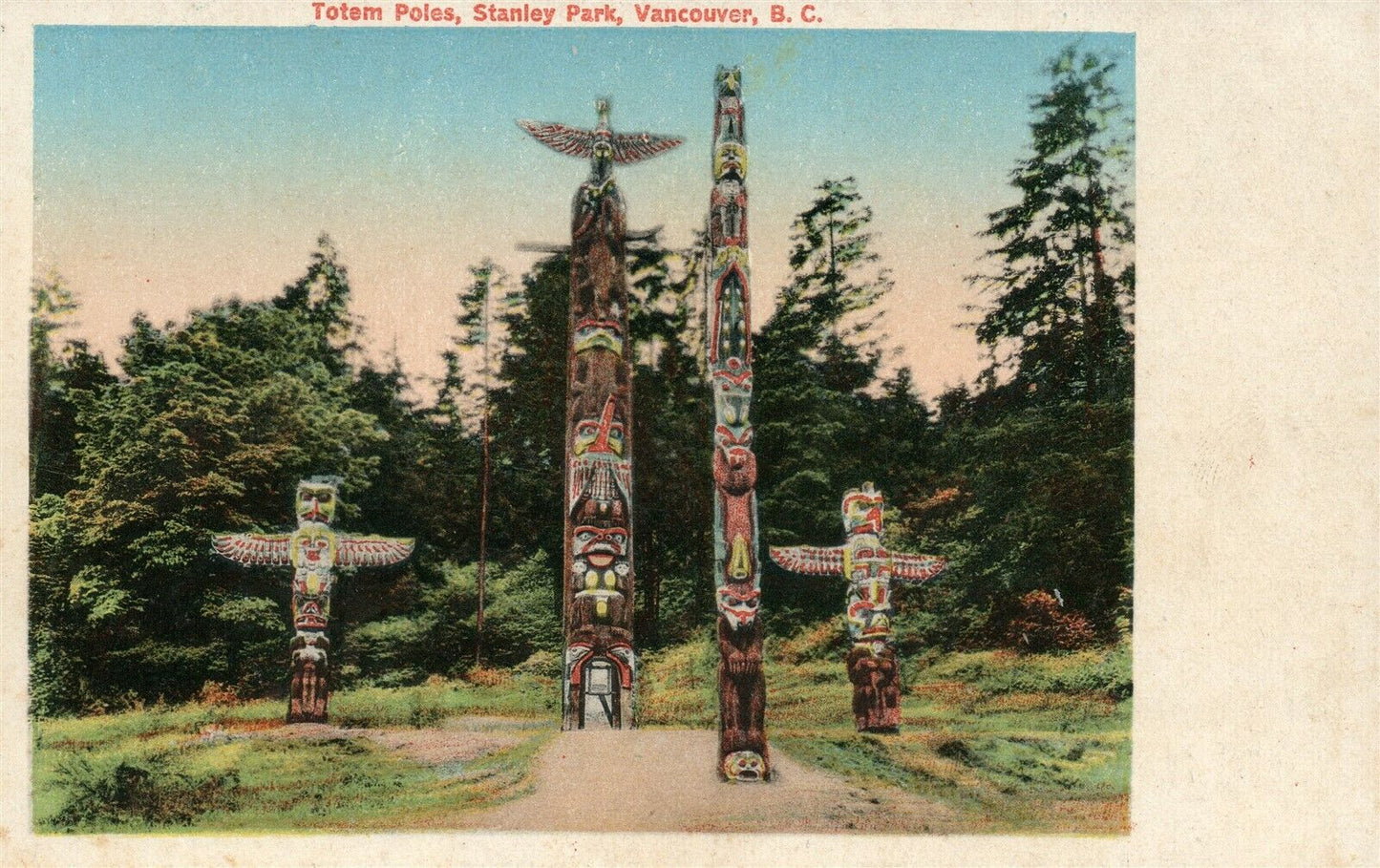 INDIAN TOTEM POLES STANLEY PARK CANADA ANTIQUE POSTCARD