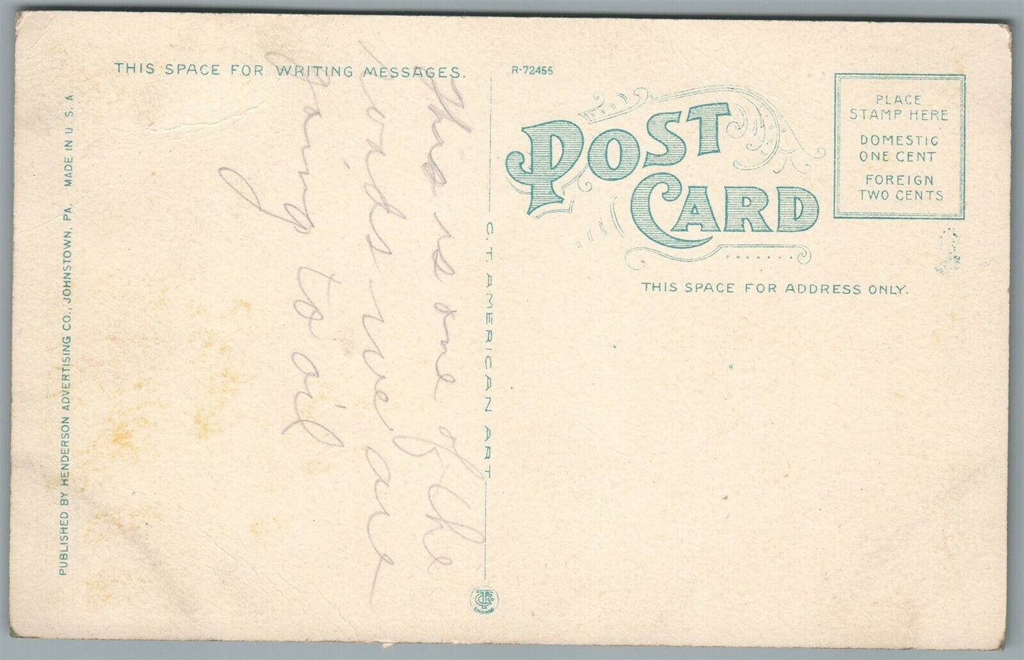 EBENSBURG & JOHNSTOWN PA STATE ROAD ANTIQUE POSTCARD