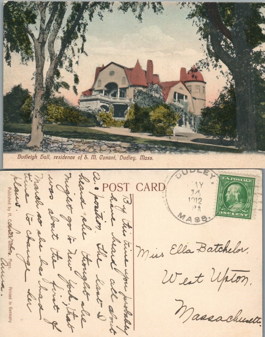 BUDLEIGH HALL RESIDENCE OF S.M.CONANT DUDLEY MA ANTIQUE 1912 POSTCARD