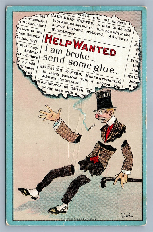 ARTIST SIGNED by DWIG HELP WANTED ANTIQUE COMIC POSTCARD