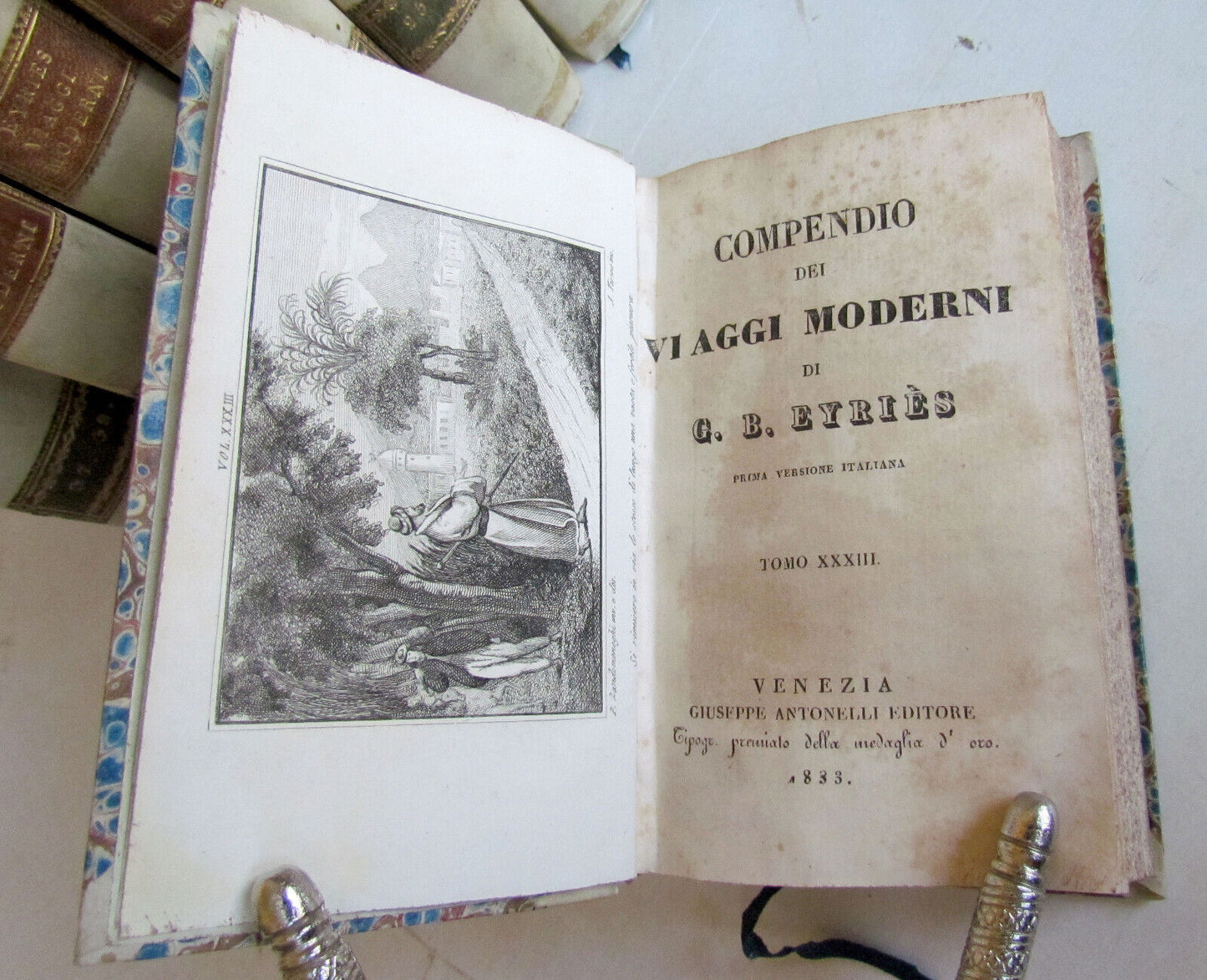 1830-1834 COLLECTION OF TRAVELS 20 VOLUMES antique Compendio dei viaggi moderni