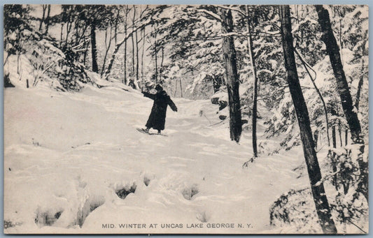 LAKE GEORGE NY UNCAS LAKE MID WINTER ANTIQUE POSTCARD