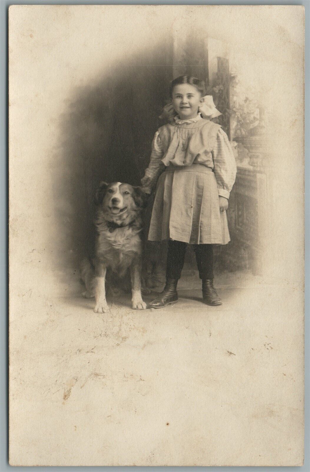 GIRL w/ DOG ANTIQUE REAL PHOTO POSTCARD RPPC