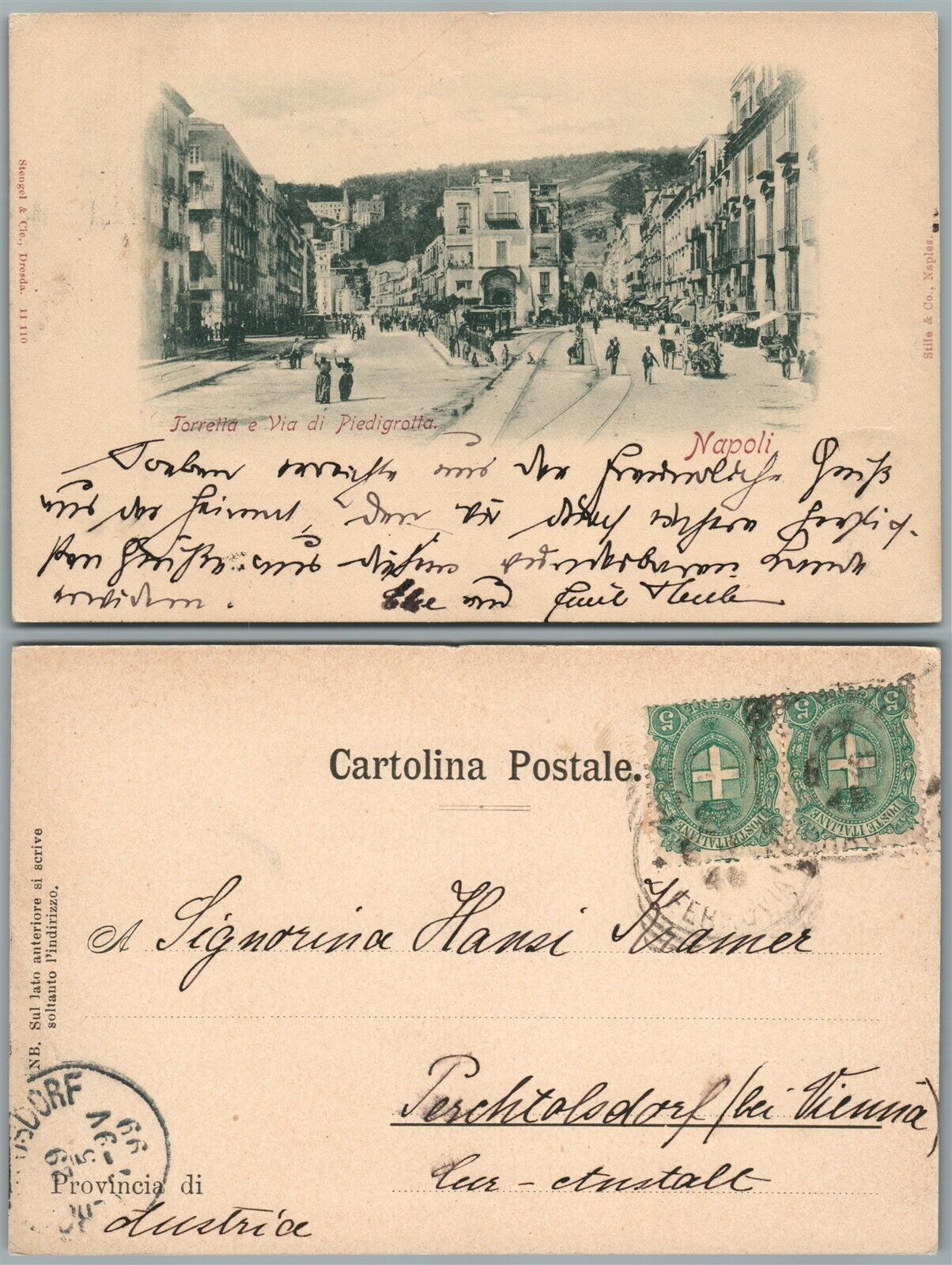 NAPOLI NAPLES ITALY TORRETTA E VIA DI PIEDIGROTTA ANTIQUE 1899 POSTCARD w/STAMPS