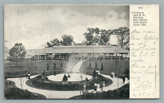 BAY SHORE MD FOUNTAIN & RAILROAD STATION RAILWAY DEPOT ANTIQUE POSTCARD