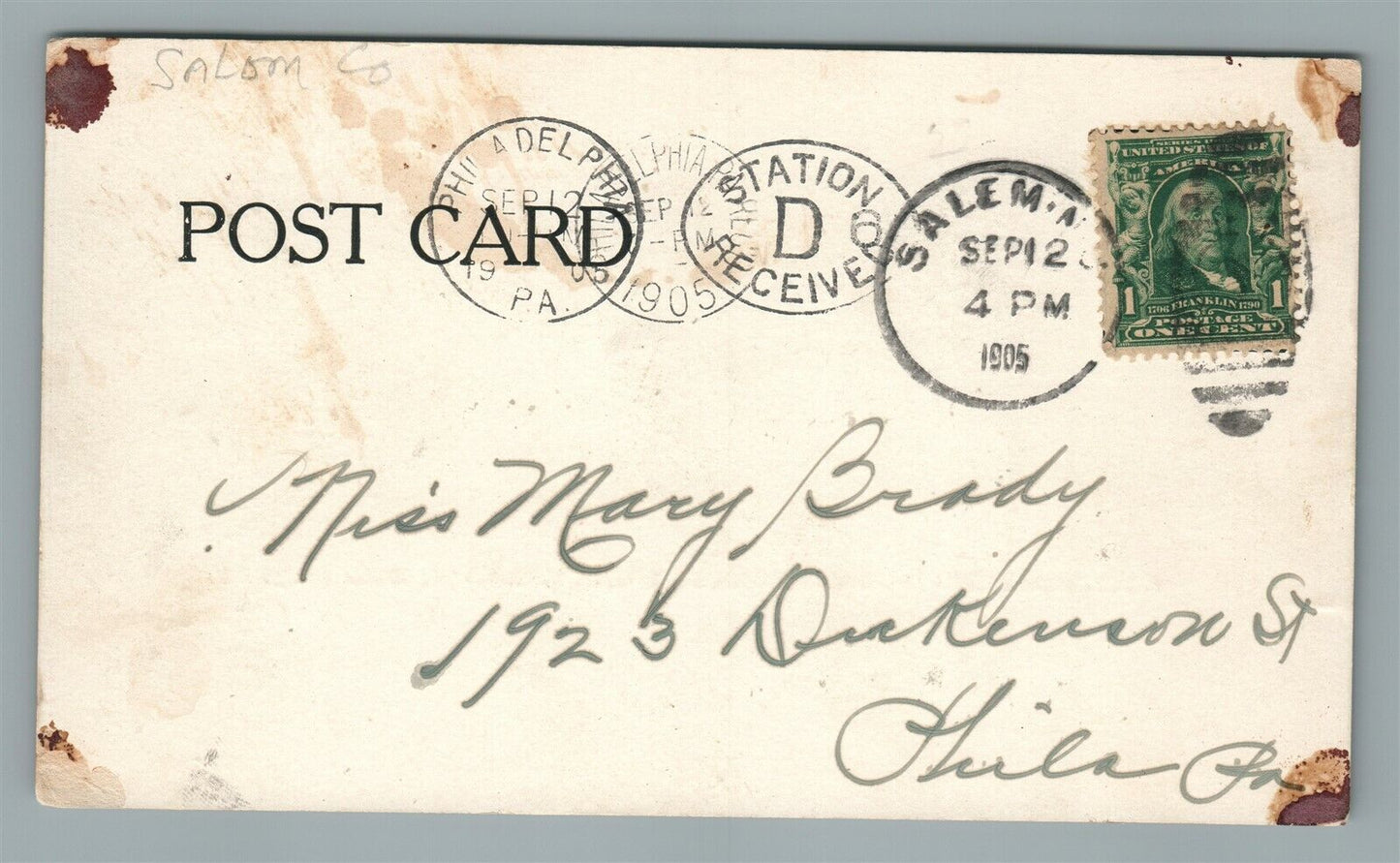 SALEM NJ BROADWAY AT HEAD OF MARKET STREET ANTIQUE POSTCARD