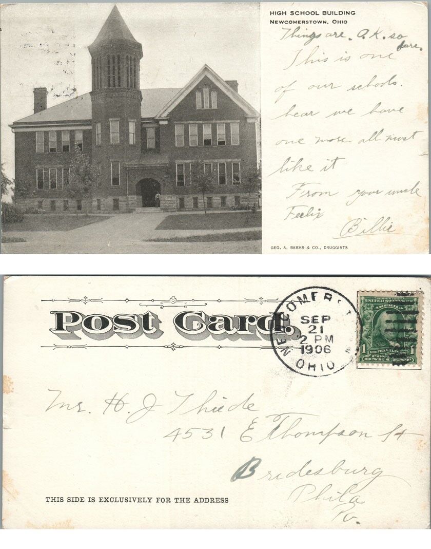 HIGH SCHOOL BUILDING NEWCOMERSTOWN OHIO 1906 ANTIQUE POSTCARD