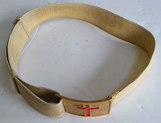 1900s ANTIQUE MASONIC UNIFORM WHITE LEATHER BELT w/ BUCKLE