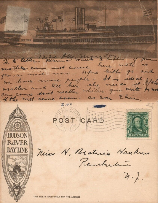 HUDSON RIVER DAY LINE SHIP N.Y. 1908 UNDIVIDED ANTIQUE POSTCARD
