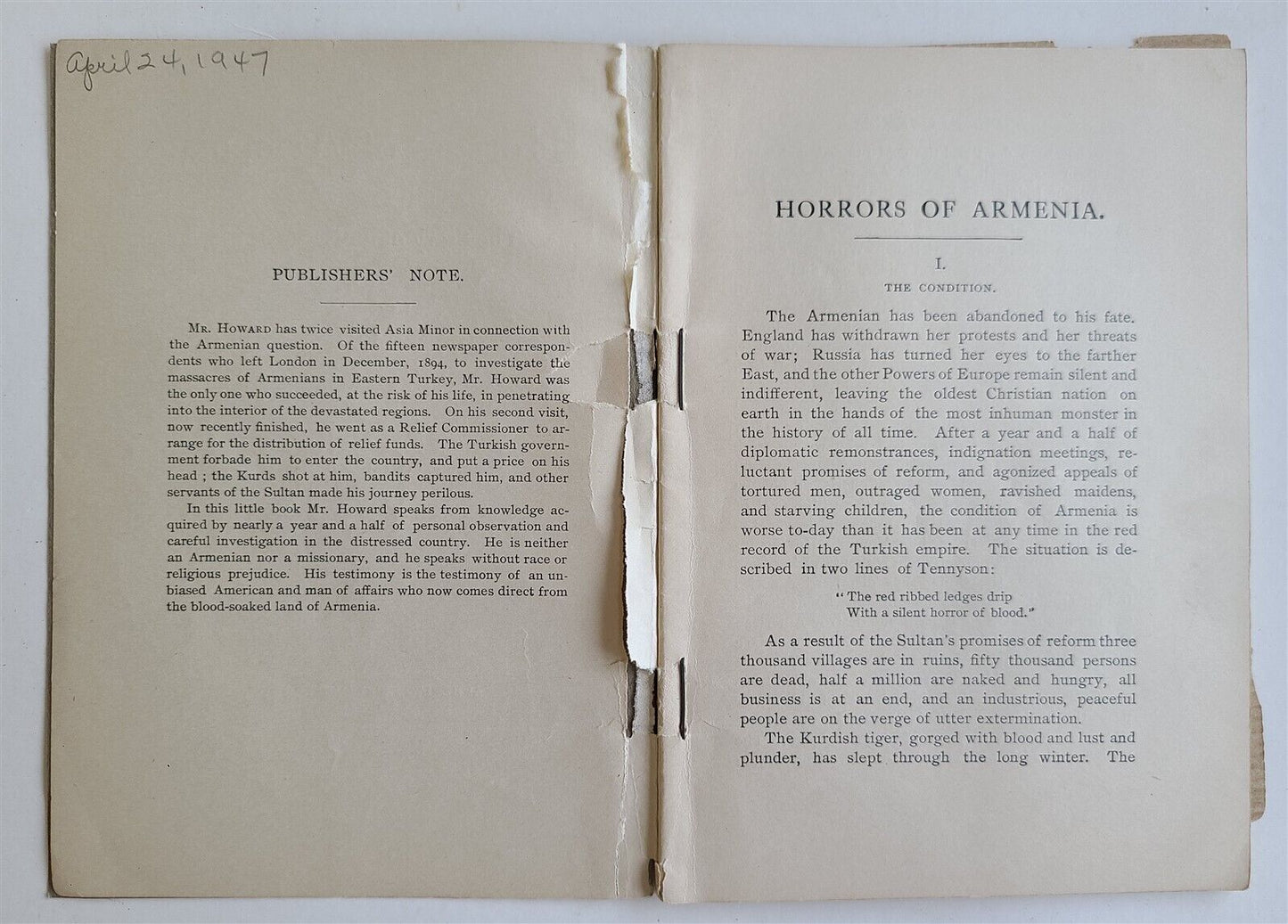 1896 HORRORS of ARMENIA EYE-WITNESS STORY WILLIAM HOWARD antique SCARCE BOOKLET