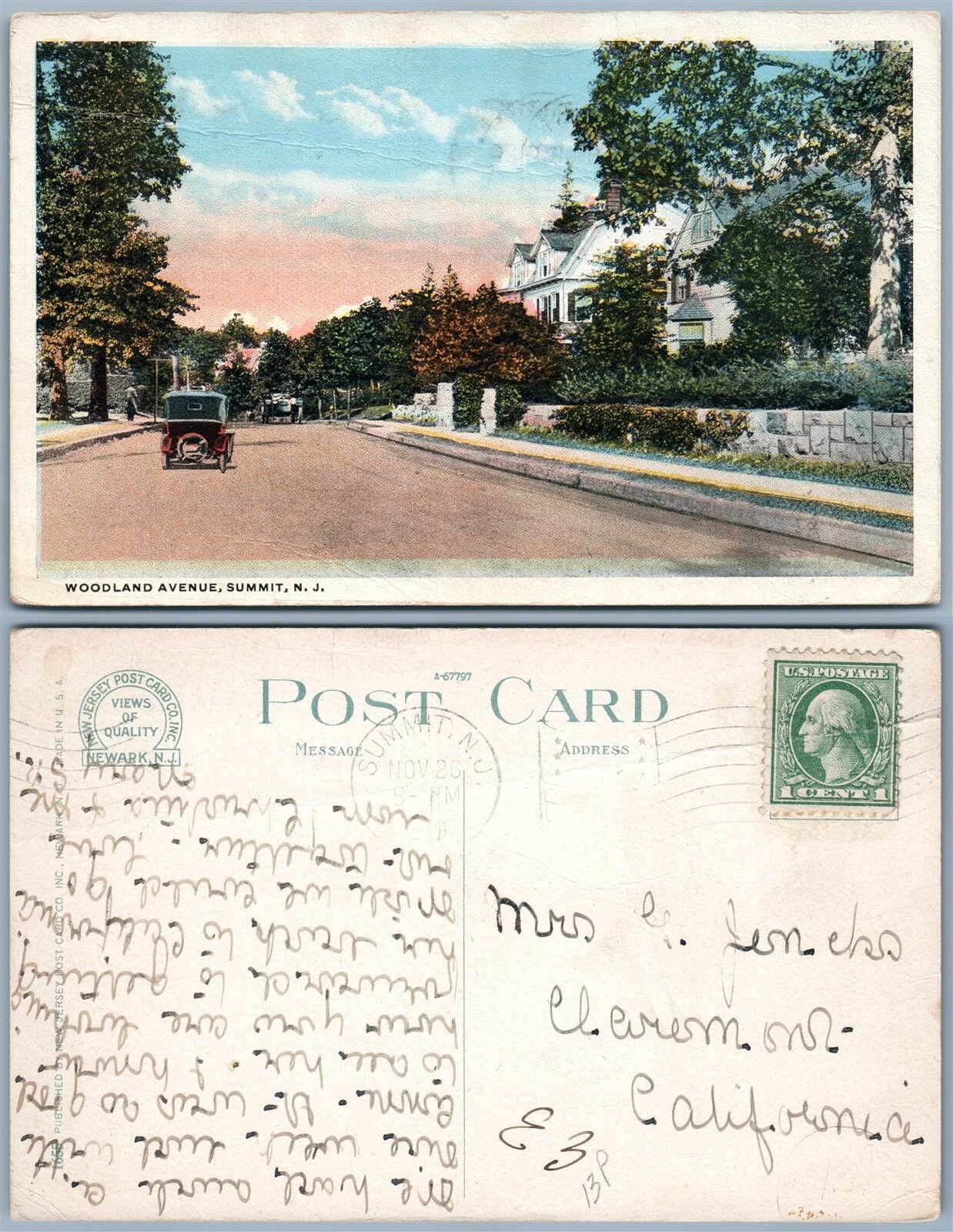 SUMMIT N.J. WOODLAND AVENUE ANTIQUE 1919 POSTCARD