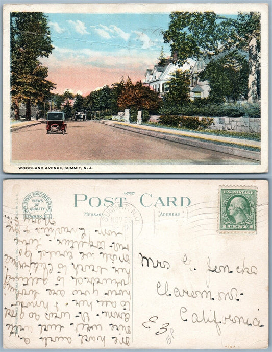 SUMMIT N.J. WOODLAND AVENUE ANTIQUE 1919 POSTCARD