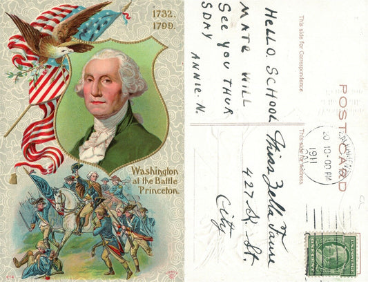 PATRIOTIC ANTIQUE EMBOSSED 1911 POSTCARD WASHINGTON AT BATTLE OF PRINCETON