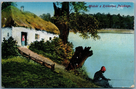 POLISH KINGDOM VIEW  FISHING SCENE 1917 ANTIQUE POSTCARD GERMAN WWI FELDPOST