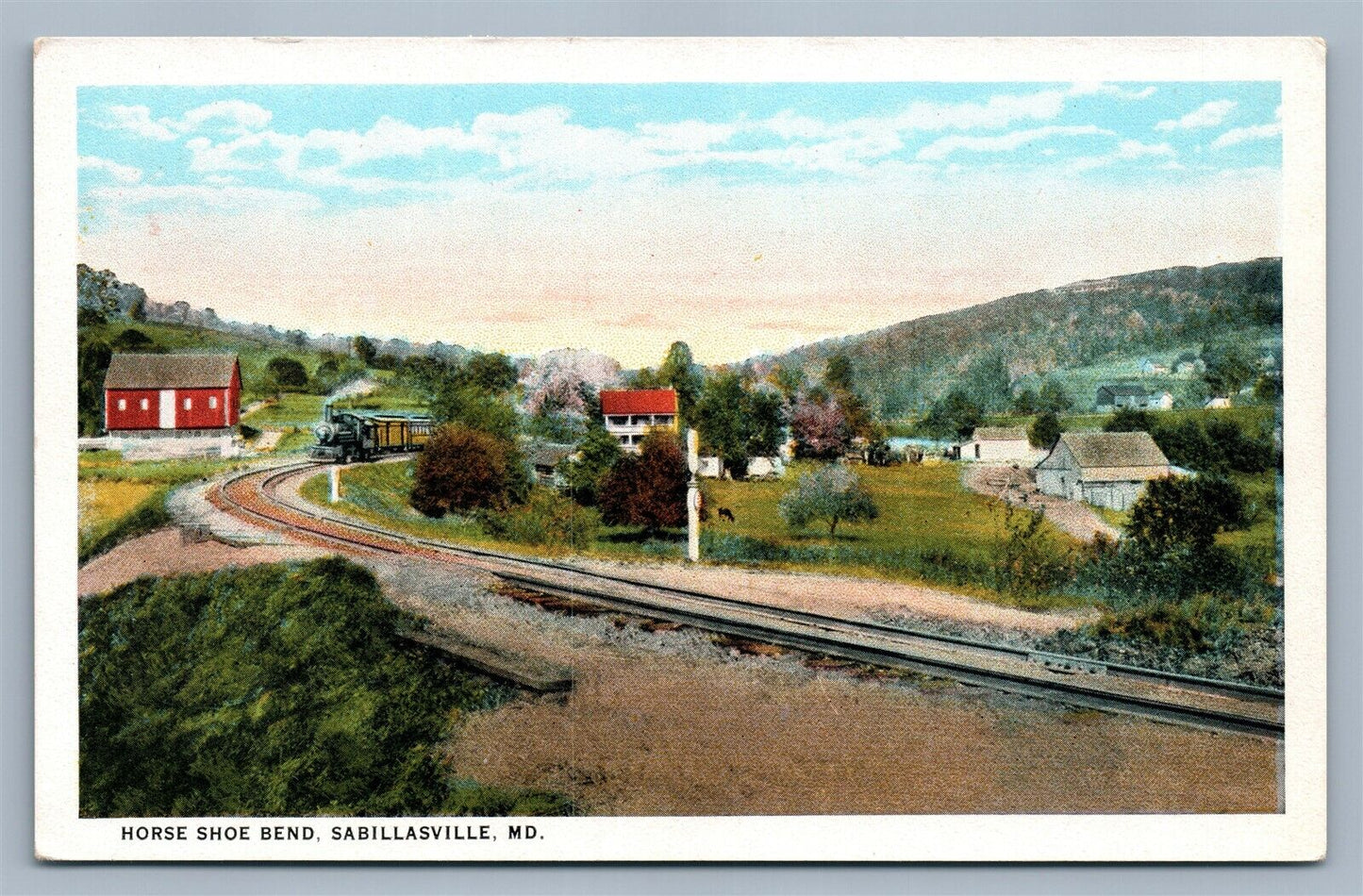 SABILLASVILLE MD HORSE SHOE BEND ANTIQUE POSTCARD railroad tracks train