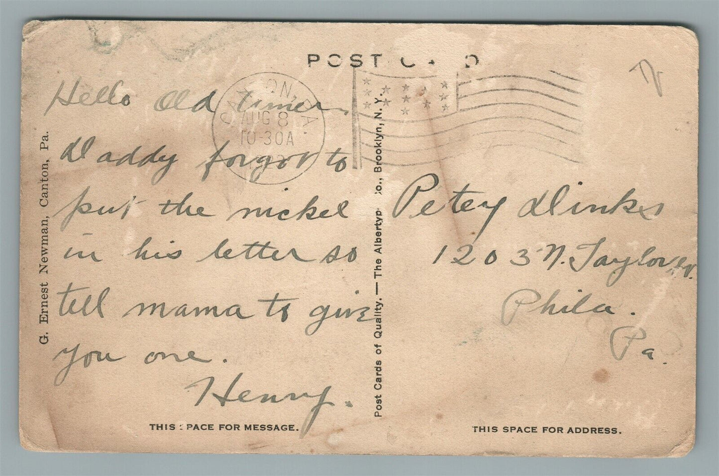 CANTON PA CENTER STREET ANTIQUE POSTCARD