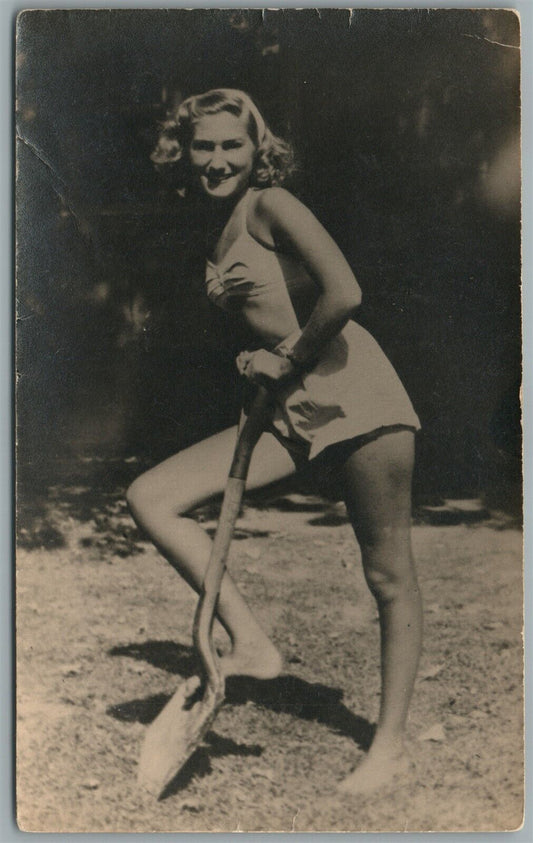 GIRL in SWIMMING SUIT with SHAVEL ANTIQUE REAL PHOTO POSTCARD RPPC