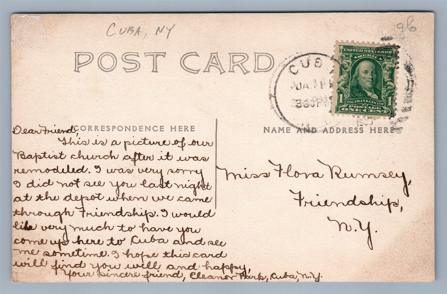 CUBA NY CHURCH ANTIQUE REAL PHOTO POSTCARD RPPC