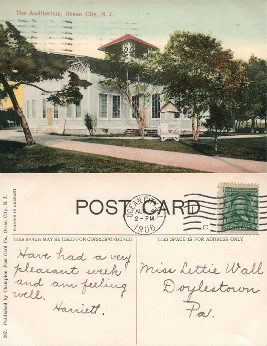 OCEAN CITY N.J. AUDITORIUM 1908 ANTIQUE POSTCARD