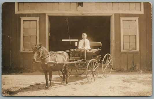 HORSE CARRIAGE AT THE BARN ANTIQUE REAL PHOTO POSTCARD RPPC