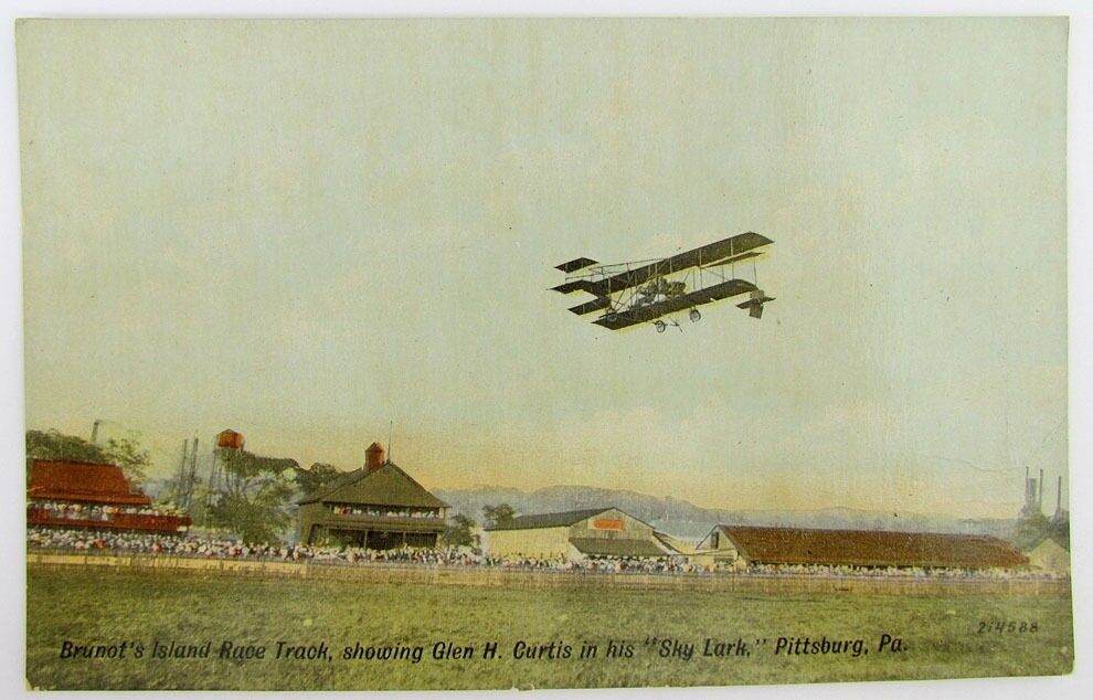 ANTIQUE POSTCARD BRUNOT'S ISLAND RACE TRACK GLEN CURTIS SKY LARK PITTSBURG PA