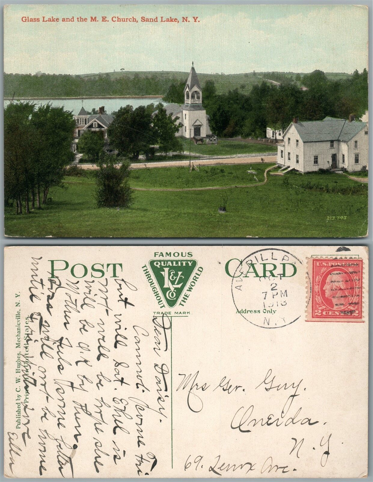 SAND LAKE N.Y. GLASS LAKE & M.E. CHURCH 1918 ANTIQUE POSTCARD