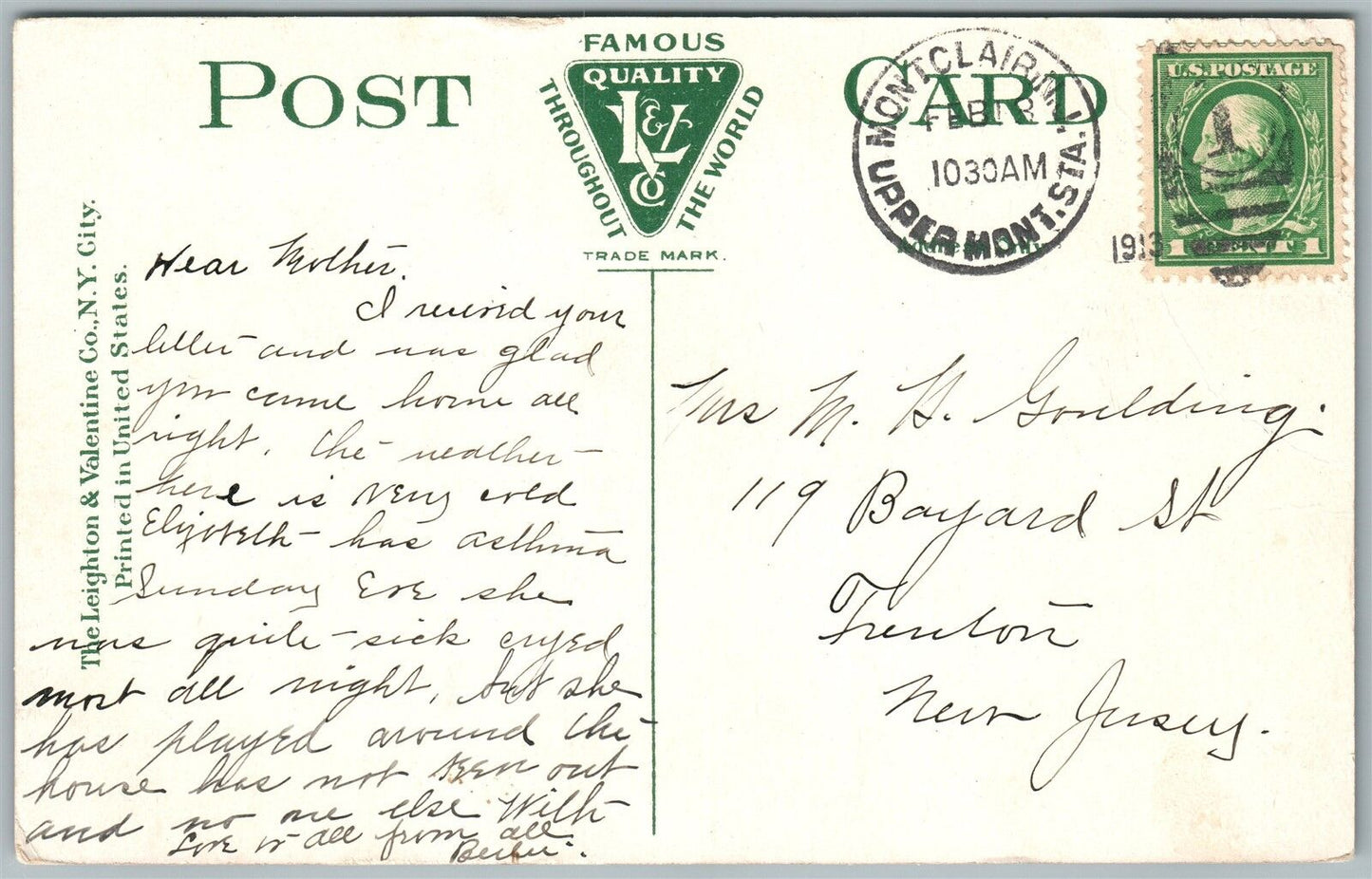 MONTCLAIR NJ WALNUT STREET VALLEY ROAD 1913 ANTIQUE POSTCARD