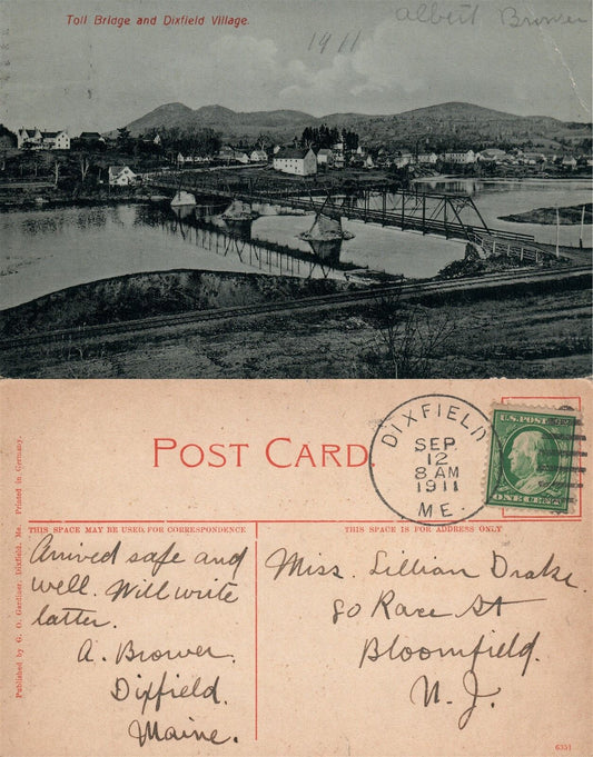 TOLL BRIDGE & DIXFIELD VILLAGE ME 1911 ANTIQUE POSTCARD w/ CORK CANCEL