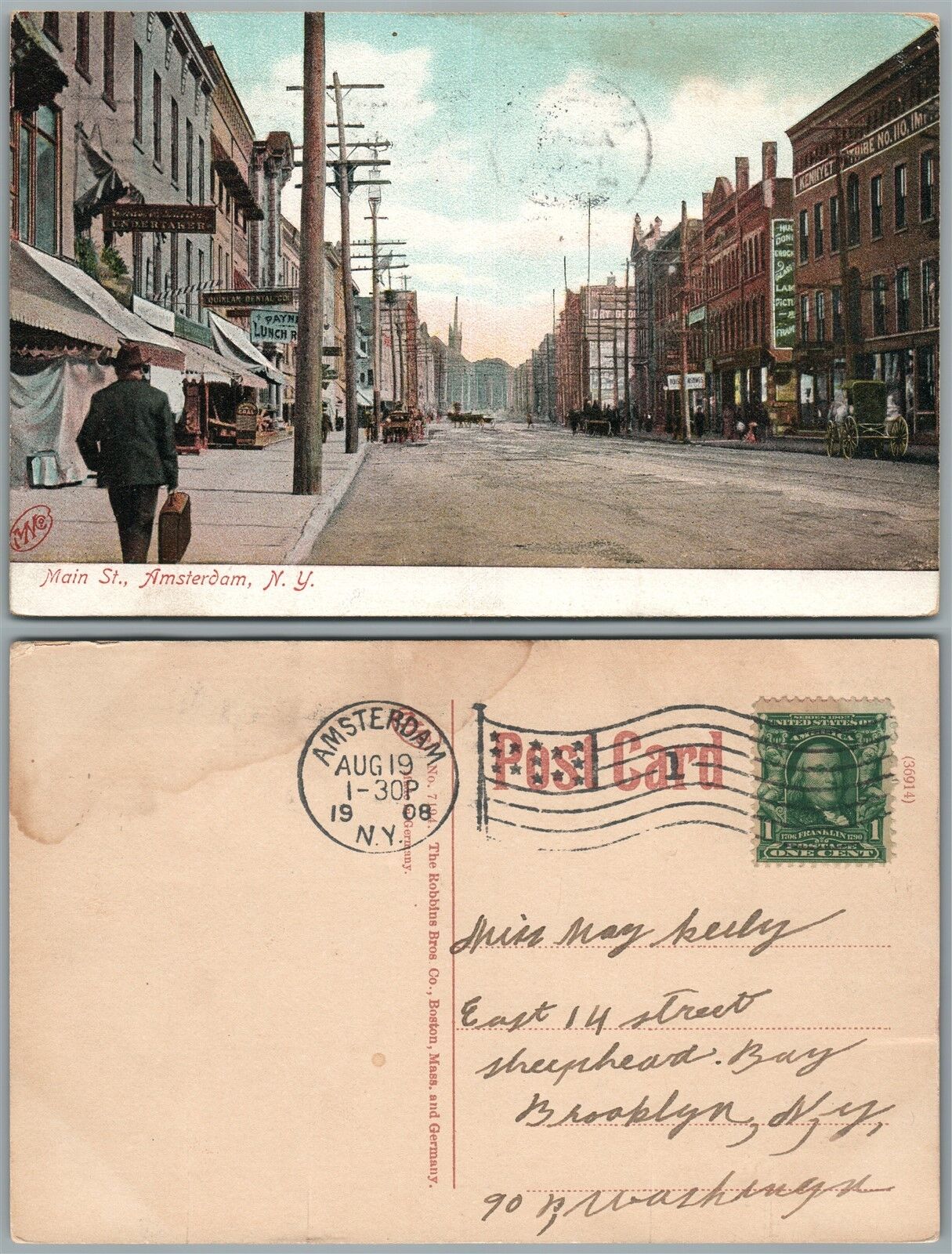 AMSTERDAM N.Y. MAIN STREET 1908 ANTIQUE POSTCARD