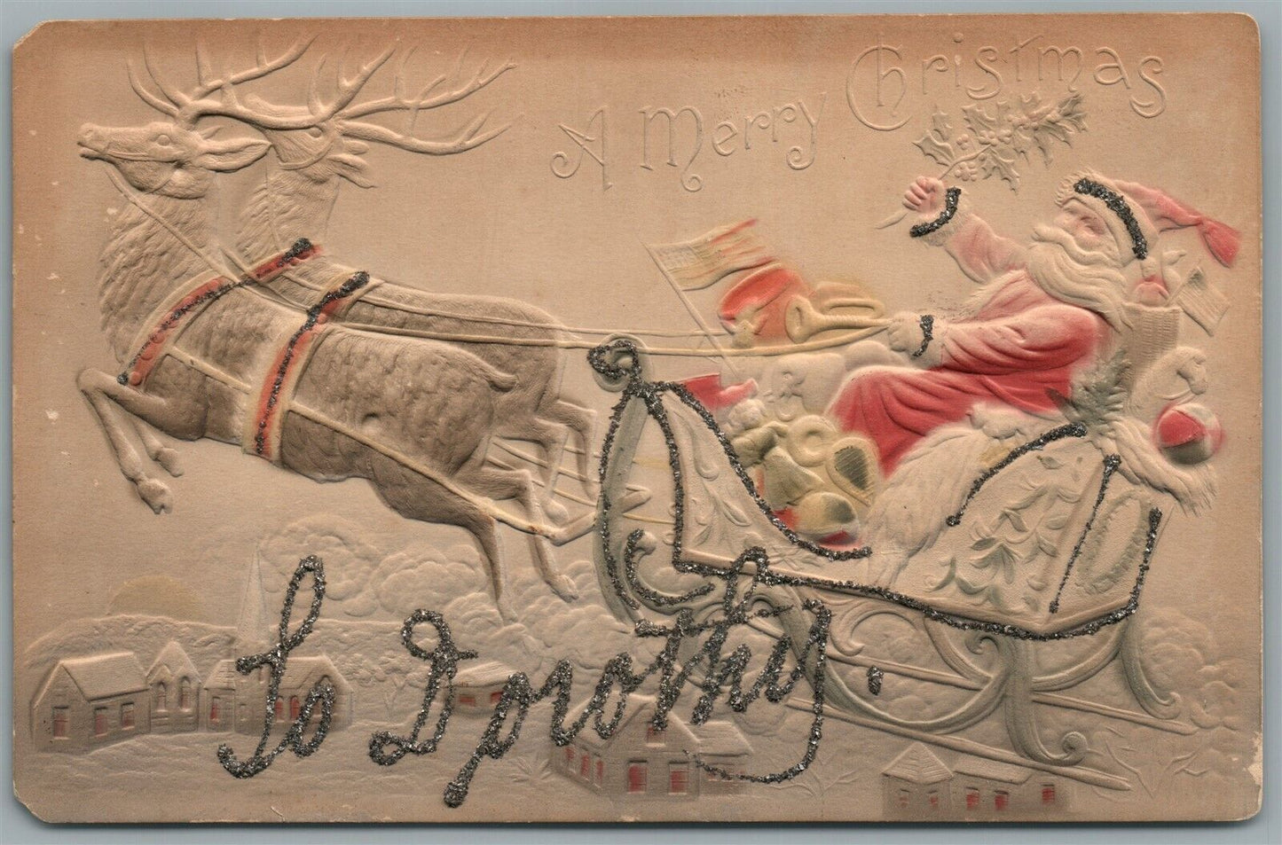 SANTA w/ REINDEER SLEIGH CHRISTMAS EMBOSSED ANTIQUE POSTCARD