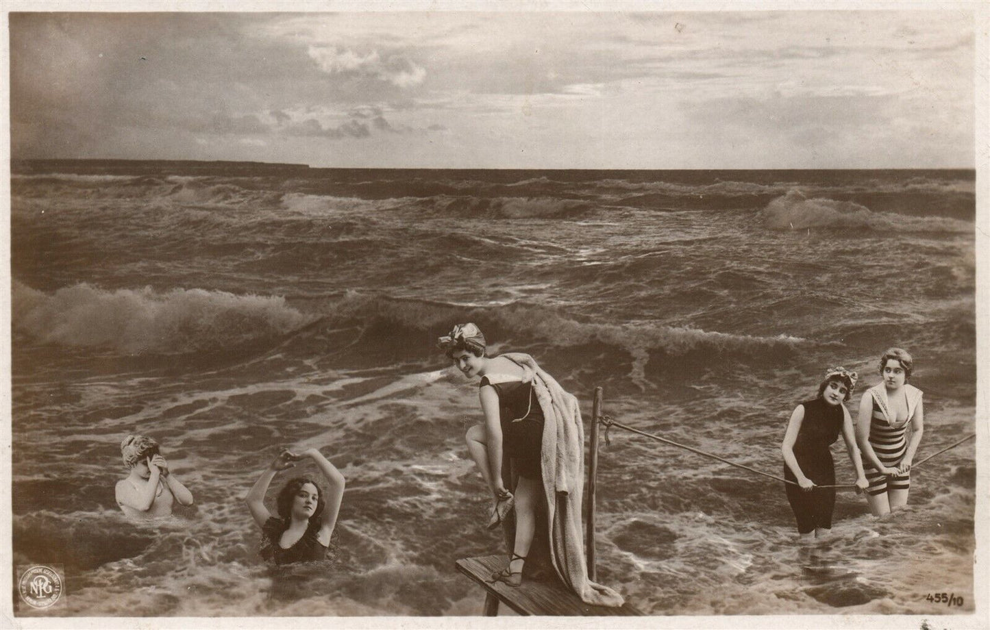 BATHING GIRLS montage collage 1910 ANTIQUE REAL PHOTO POSTCARD RPPC