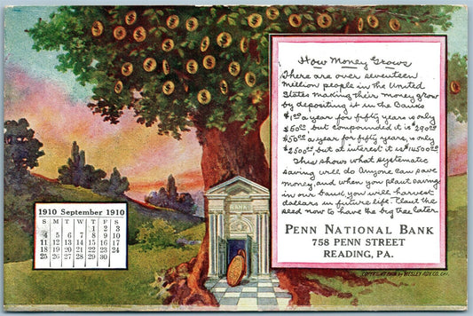 READING PA PENN NATIONAL BANK ADVERTISING ANTIQUE POSTCARD SEPT. 1910 CALENDAR