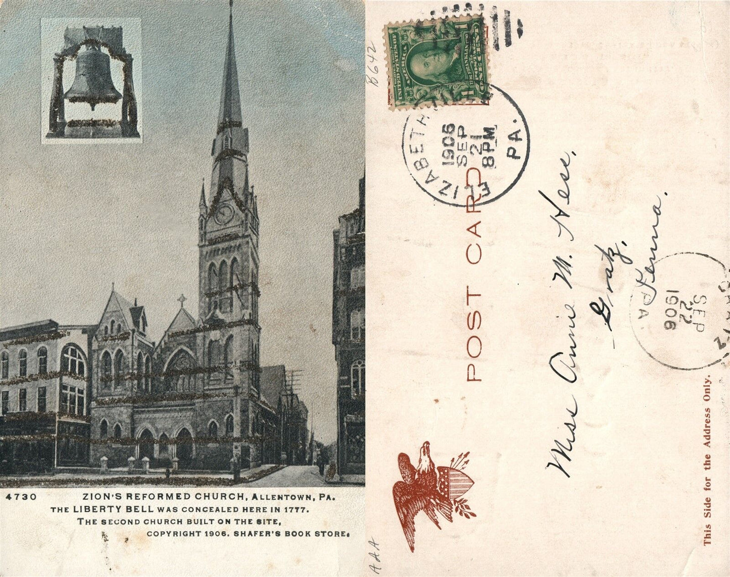 ALLENTOWN PA ZION'S REFORMED CHURCH 1906 UNDIVIDED ANTIQUE POSTCARD