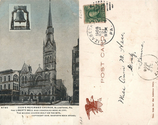ALLENTOWN PA ZION'S REFORMED CHURCH 1906 UNDIVIDED ANTIQUE POSTCARD