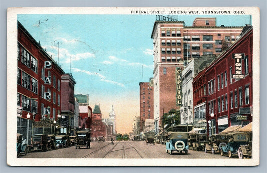 YOUNGSTOWN OH FEDERAL STREET 1924 ANTIQUE POSTCARD w/ CORK CANCEL