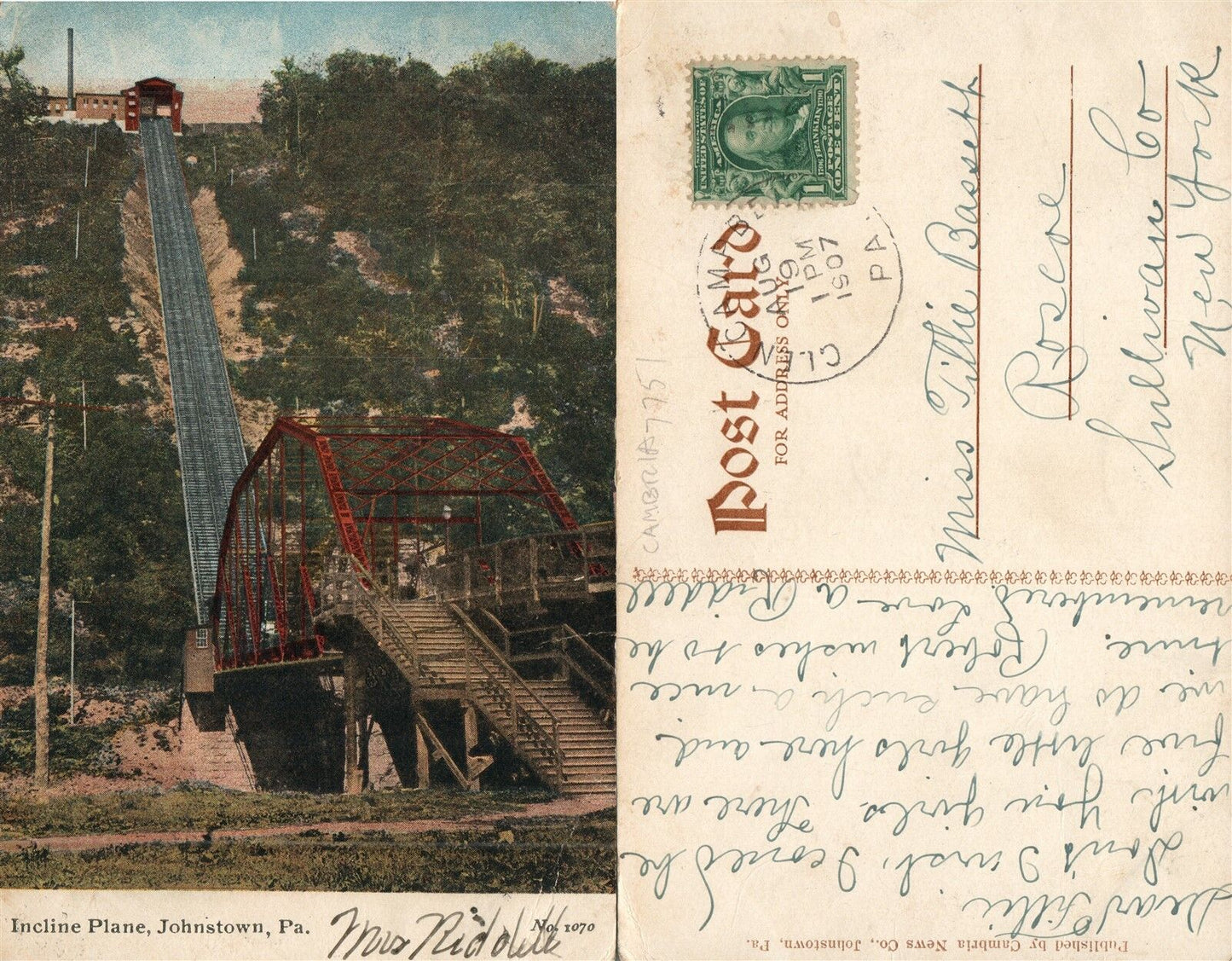 JOHNSTOWN PA INCLINE PLANE 1907 ANTIQUE POSTCARD