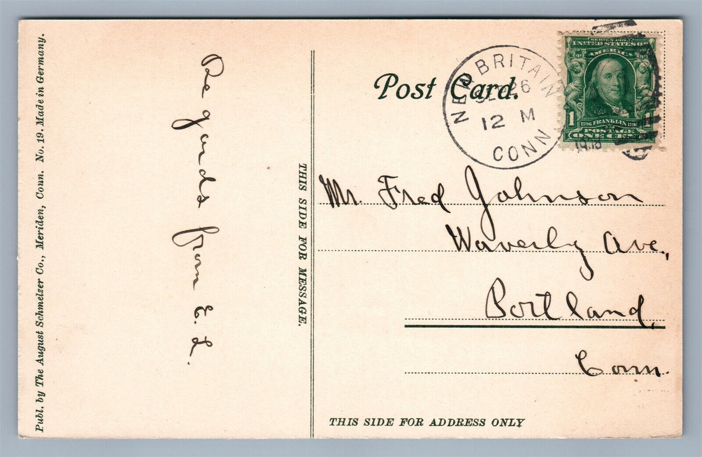 NEW BRITAIN CT WASHINGTON STREET ANTIQUE POSTCARD w/ CORK CANCEL